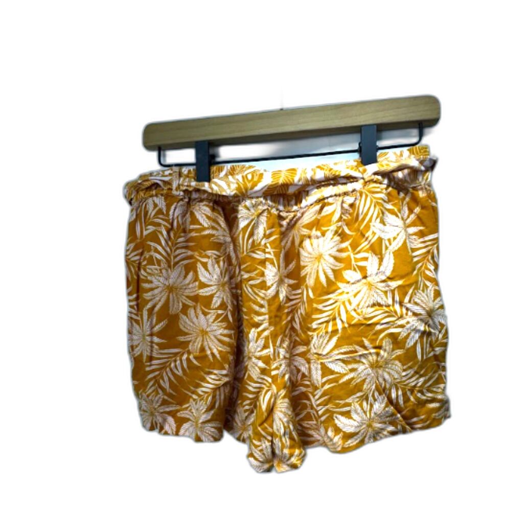 Resort Tropical Paperbag Shorts Large Mustard Yellow Pink Floral Tie Waist - Picture 2 of 5